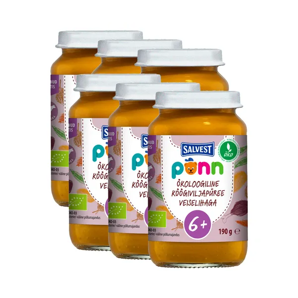 HULGI Köögiviljapüree veiselihaga 6+ Mahe, 6tk, PÕNN, 6 x 190g