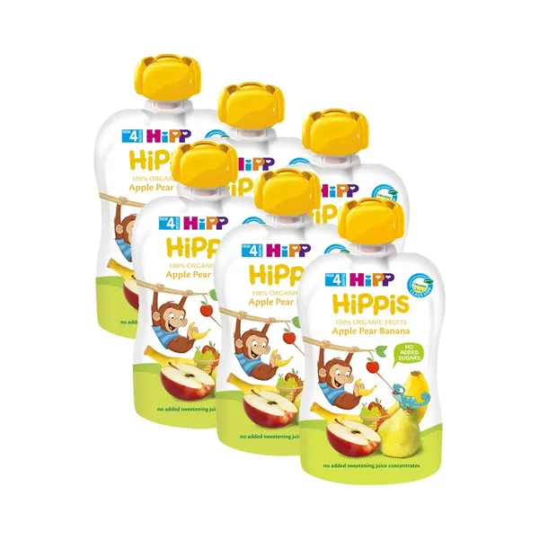 HULGI Õuna-, pirni- ja banaanipüree BIO 4kuud 6tk, HIPP, 6 x 100g