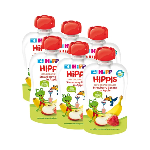 HULGI Õunapüree maasikate ja banaanidega 4+, mahe 6tk, HIPP, 6 x 100g