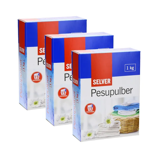 HULGI Pesupulber valgele ja värvilisele pesule 3kg, SELVER, 3 x 1 kg