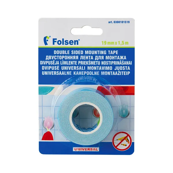 Kahepoolne teip, 19mm x 1.5m valge, FOLSEN, 1 tk