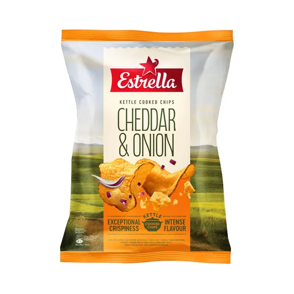 Kartulikrõpsud ESTRELLA KETTLE, cheddari juustu ja punase sibulamaitseline, 120g