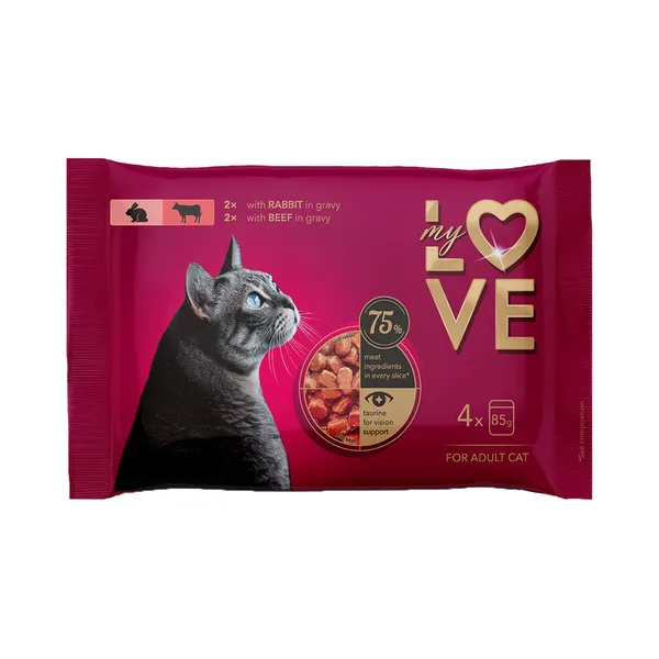 Konserv täiskasv. Kassile küüliku ja veiseliha kastmes 4x85g, MY LOVE,