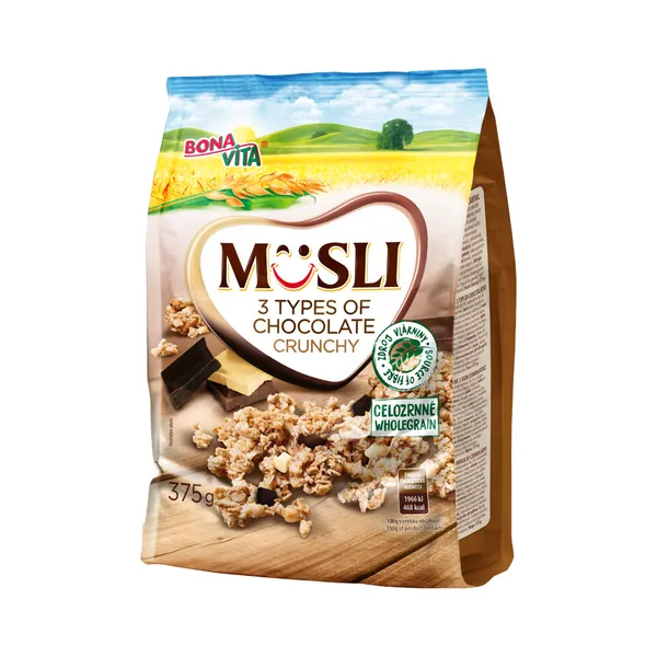 Krõbedaks röstitud müsli kolme šokolaadiga, BONAVITA, 375 g
