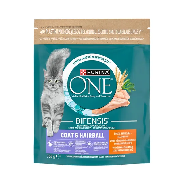 Kuiv kassitoit Coat & Hairball täissööt täiskasvanud kassidele kanaga, PURINA ONE, 750 g