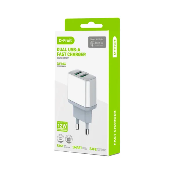 Laadija 12W 2XUSB-A DF143, D-FRUIT, 1 tk