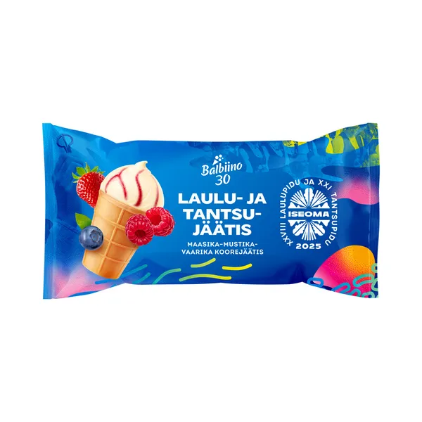 Laulu- ja tantsujäätis Koorejäätis maasika-mustika-vaarika vahvlitopsis, BALBIINO, 65 g