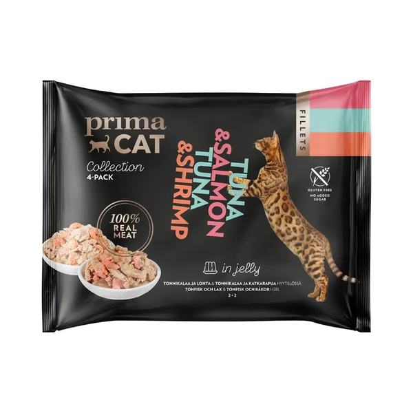 PRIMACAT Collection Kiisueine, tuunikala-lõhe/tuunikala-krevett tarrendis, 4x50 g