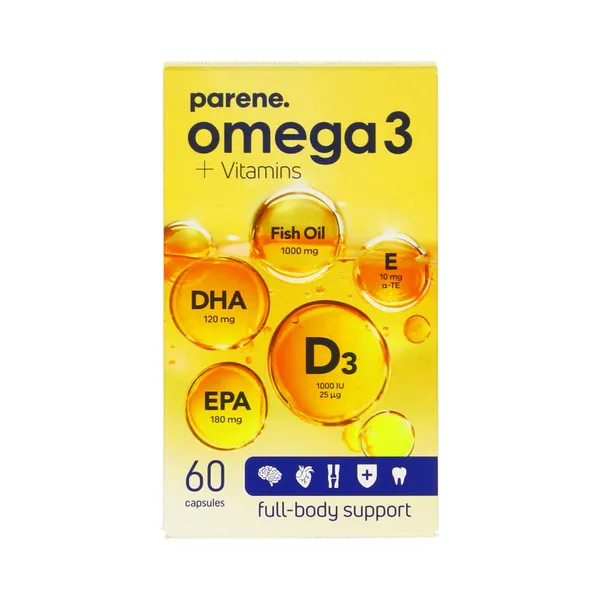 Omega-3 kalaõli + vitamiinid D₃ 25µg + E 10mg kapslid N60, PARENE, 87 g
