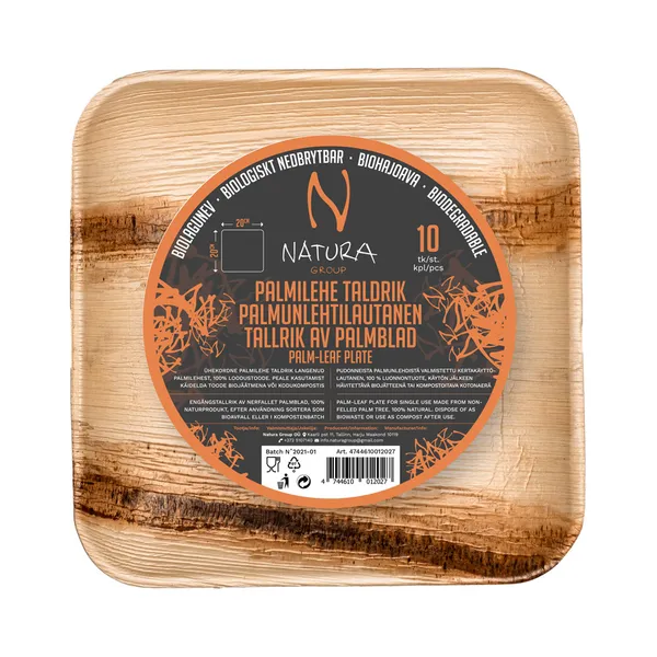 Palmilehest taldrik ruut 20x20cm, NATURA GROUP, 10 tk