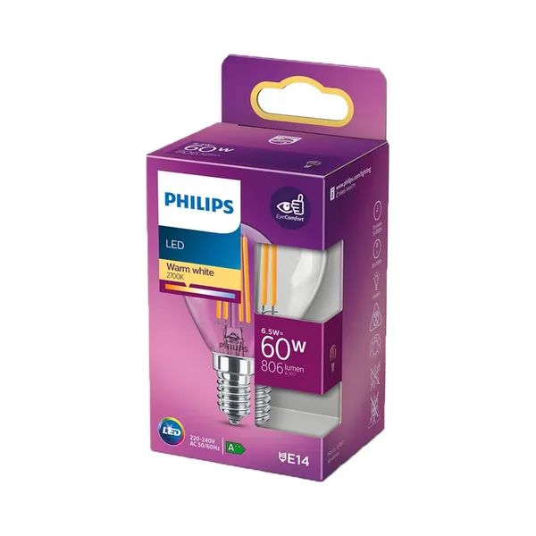 Philips LED lamp P45 dekoratiiv 6,5W E14 806lm 2700K 15000h filament, PHILIPS, 1 tk