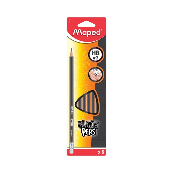 Pliiats Black Peps HB kummiga, MAPED, 6 tk