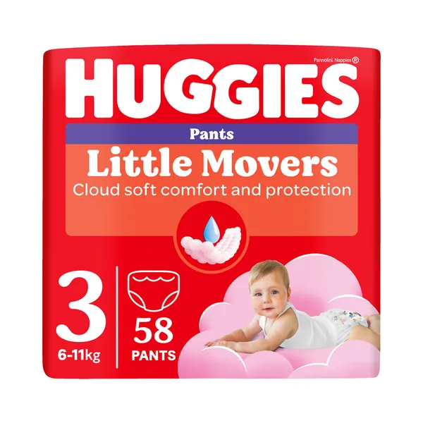 Püksmähkmed Pants Little Movers 3 Girl 6-11kg, HUGGIES, 58 tk