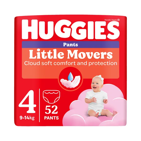 Püksmähkmed Pants Little Movers 4 Girl 9-14kg, HUGGIES, 52 tk