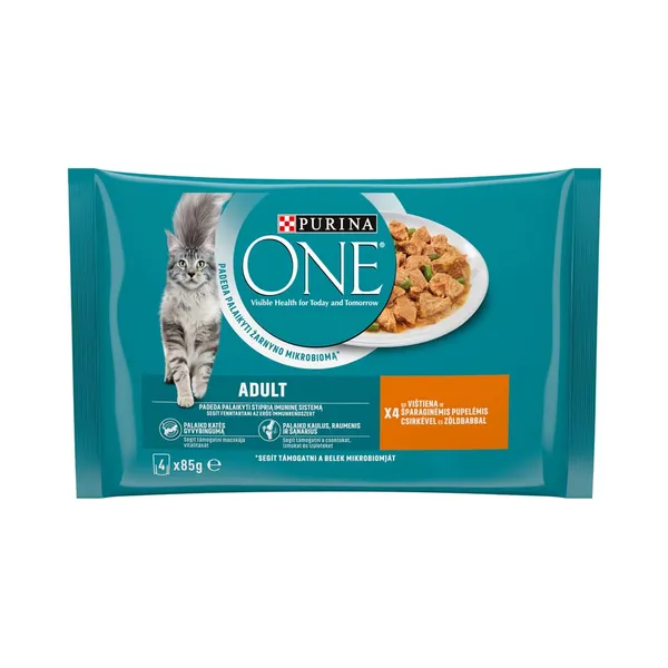 Täissööt. Kiisueine täiskasvanud kassidele kana ja roheliste hernestega 4-pakk, PURINA ONE, 340g