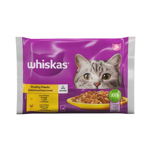 Täistoit. Kiisueine kodulinnulihaga 7+, 4x85g, WHISKAS, 340g