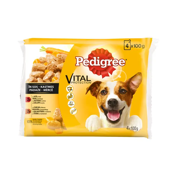 Täistoit. Koeraeine 4-pakk looma- ja küülikulihaga/kalkuniliha ja porganditega kastmes, PEDIGREE, 400g