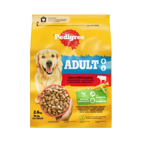 Täistoit. Kuivtoit täiskasvanud koertele loomaliha ja köögiviljaga, PEDIGREE, 2,6kg