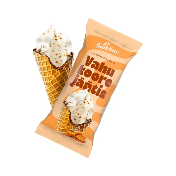 Vahukoorejäätis karamellitükkidega vahvlikoonuses, BALBIINO, 86 g