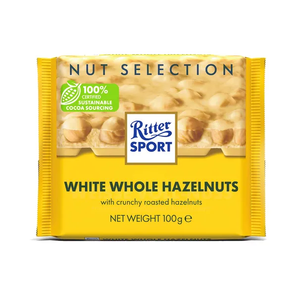 Valge šokolaad tervete metspähklitega, RITTER SPORT, 100 g