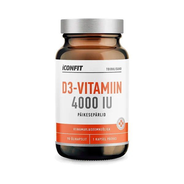 Vitamiin D3 Päikesepärlid Viinamarjaseemneõliga 4000IU, N90, ICONFIT, 43,7 g