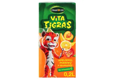 Apelsinų, persikų, bananų gaivusis sulčių gėrimas VITATIGRAS, 200 ml