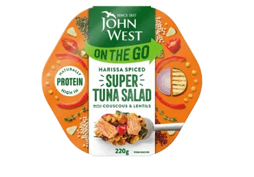 Aštrios tunų salotos JOHN WEST su kuskusu ir lęšiais, 220 g