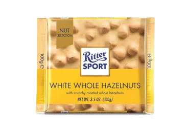Baltasis šokoladas RITTER SPORT su lazdynų riešutais, 100 g