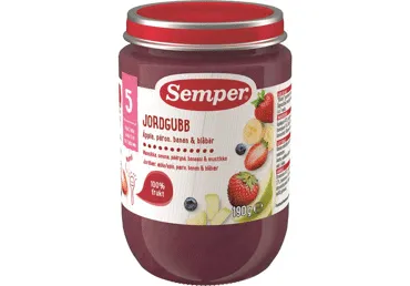 Braškių, kriaušių, bananų ir mėlynių tyrelė SEMPER, nuo 5 mėn., 190 g