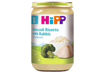 Brokolių tyrelė HIPP su ryžiais ir triušiena, nuo 8 mėn., 220 g