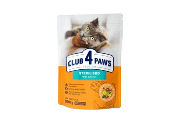 CLUB 4 PAWS Premium pilnavertis sausas maistas suaugusioms sterilizuotoms katėms su lašiša, 900 gr