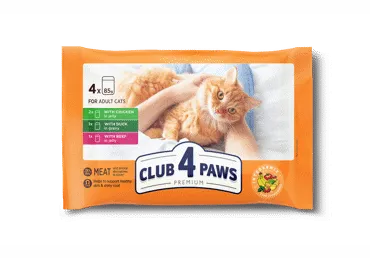 Club 4 Paws Premium su antiena padaže, vištiena ir jautiena, konservuotas pašaras suaugusioms katėms, 4 x 85 g