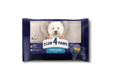 Club 4 Paws Premium su ėriena padaže. Visavertis konservuotas pašaras suaugusiems mažų veislių šunims, 4 x 85 g