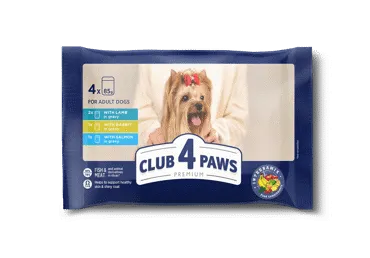 Club 4 Paws Premium su lašiša, triušiena ir ėriena, konservuotas pašaras mažų veislių suaugusiems šunims, 4 x 85 g