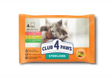 Club 4 Paws Premium visavertis konservuotas pašaras suau gusioms sterilizuotoms katėms su kalakutiena ir triušiena padaže, 4x85 gr