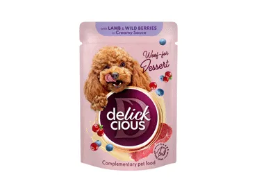 Delickcious™ „Dribsniai su ėriena ir miško uogomis kreminiame padaže“ konservuotas maistas suaugusiems šunims, 80 gr