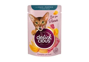 Delickcious™ „Juostelės su antiena ir moliūgu kreminėje sriuboje“ visavertis konservuotas maistas suaugusioms katėms, 85 gr