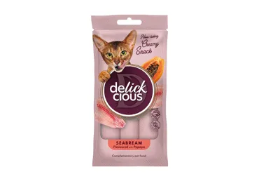 Delickcious™ Kreminiai skanėstai jūrų karšio skonio su papajomis. Pašaro papildas suaugusioms katėms, 60 gr