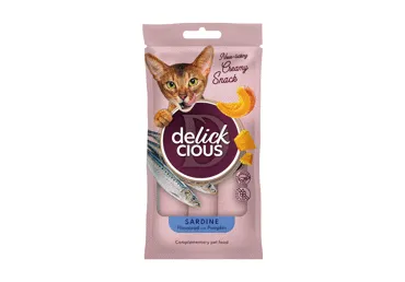 Delickcious™ Kreminiai skanėstai sardinių skonio su moliūgais. Pašaro papildas suaugusioms katėms, 60 gr