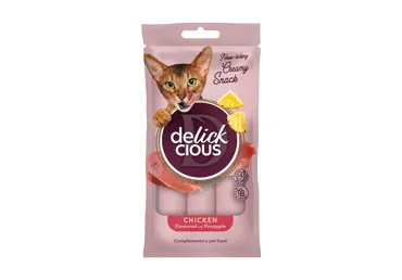 Delickcious™ kreminiai skanėstai vištienos skonio su ananasais. Pašaro papildas suaugusioms katėms, 60 gr