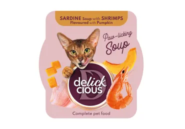 Delickcious™ Krevečių skonio sardinių sriuba moliūgais. Visavertis konservuotas pašaras suaugusioms katėms, 80 gr