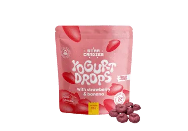 Ekologiški jogurto kąsneliai STAR CANDIES, braškių, bananų skonio, 25 g