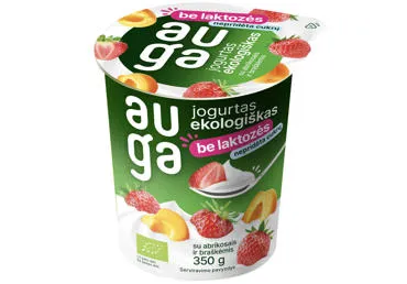 Ekologiškas jogurtas be laktozės su abrikosais ir braškėmis AUGA, 3,5 % rieb., 350 g