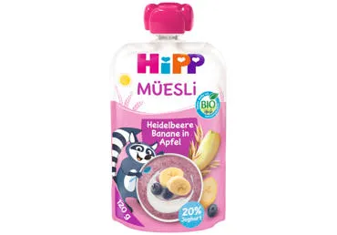 Ekologiška obuolių, bananų, mėlynių tyrelė su jogurtu ir  grūdais, 120 ml