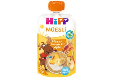Ekologiška obuolių, persikų, bananų tyrelė su jogurtu ir grūdais, 120 ml