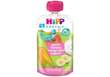 Ekol. persikų, bananų ir mangų tyrelė HIPP su jogurtu (6+), 100 g