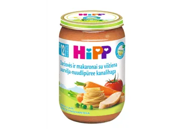 Ekol.daržovių tyrelė HIPP su makar. ir vištiena, nuo 12 mėn., 220 g