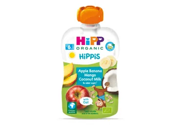 Ekol.obuol.bananų tyrelė HIPP su kokosų pienu,aviž.(6+ mėn.), 100 g