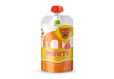Ekologiška bananų, persikų, mangų tyrė su ryžių baltymais MUUTI 6 mėn., 110 g