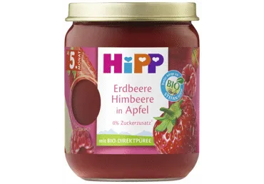 Ekologiška braškių, aviečių ir obuolių tyrelė HIPP, 5+ mėn., 160 g